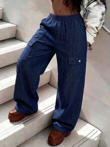 Teen Girls Y2K Street Style Denim Effect Cargo Pants, Autumn Outfit Elastic Waist Multi-Pocket Loose Wide Leg Floor Length Trousers - Blue - View 2