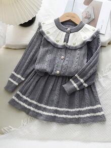 bearleader Girls 2pcs Winter Knit Set, Floral Large Collar Button-Up Sweater With Grey Skirt - Grey - View 1