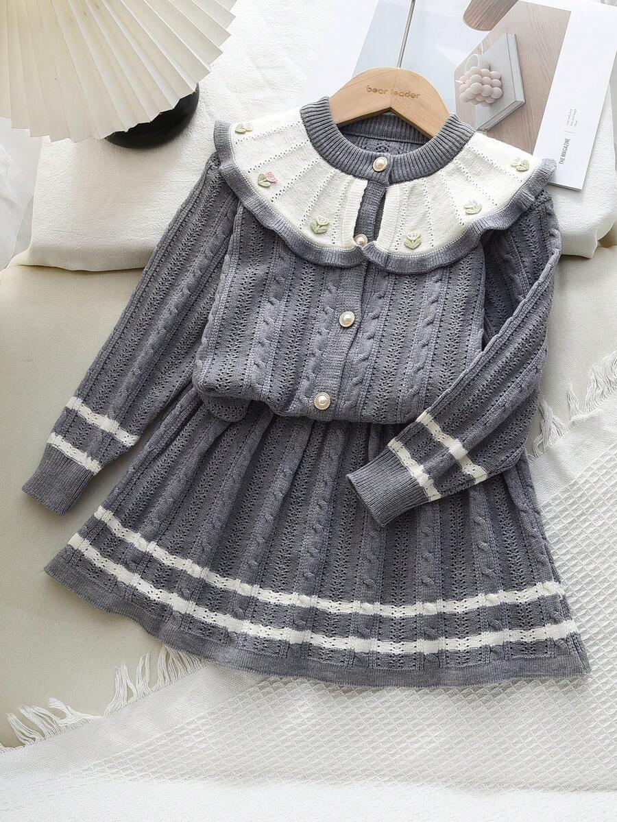 bearleader Girls 2pcs Winter Knit Set, Floral Large Collar Button-Up Sweater With Grey Skirt - Grey - View 1