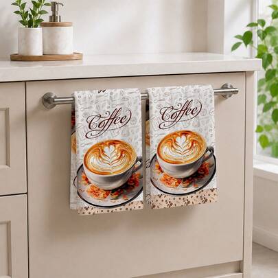 2pcs Coffee Cup Latte Art Letter Print Kitchen Towels, Coffee Theme Hand Towels, Vintage Cafe Style Absorbent Tea Towels, Dish Cleaning Cloths, Kitchen Restaurant Coffee Corner Home Decor Towels, Gift For Coffee Lovers