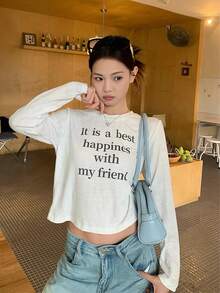 Korean Style White Lace Backless Shoulder Long Sleeve T-Shirt Women Autumn Short Design Top - White - View 8
