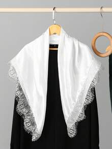 1pc Elegant White Satin Floral Lace Trim Hijab Headscarf, Back Knot Bow Design, Smooth Silky Headwrap, Suitable For Daily Wear And Party - White - View 7