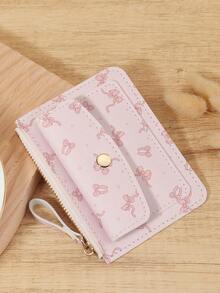 Fashionable Bow Printed Credit Card Bag, Ultra-Thin And Convenient ID Window ID Bag With Zipper And Buckle, Portable Credit Card Bag - Pink - View 2