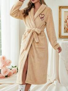 Autumn/Winter Flannel Embroidered Heart Print Long Robe, Sweet Romantic Tie-Waist Bathrobe Homewear For Women - Khaki - View 4