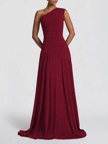 Elegant One-Shoulder Pleated Dress, Sexy Party Nightclub Wedding Style - Wine Red - View 4