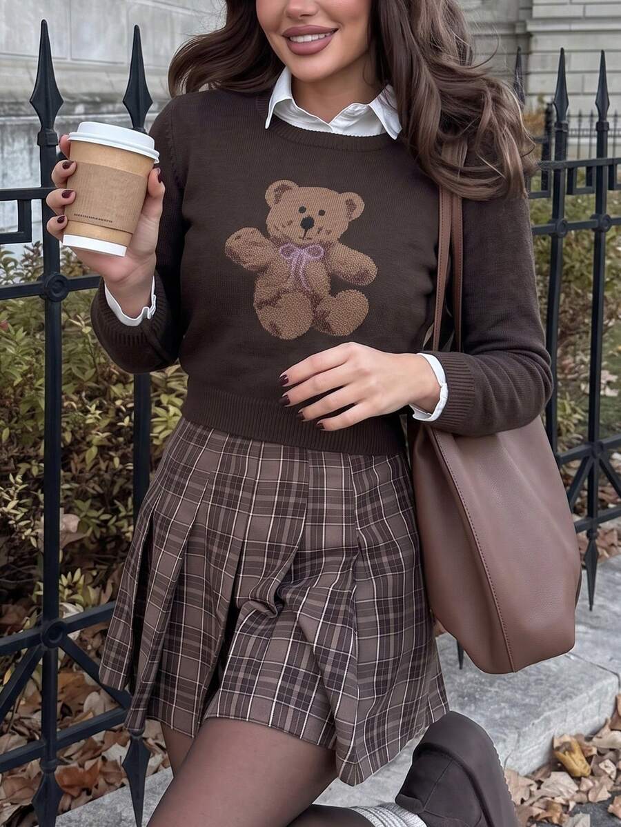 Women's Bear Pattern Casual Daily Wear Knit Top - Brown - View 1