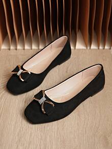 2026 Autumn/Winter New Women's Square Toe Flat Metal Rhinestone Bow Decor Suede Minimalist Loafers - Black - View 3