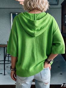 Plus Size Women's Hooded Knit Pullover Sweater, Drawstring Design, 3/4 Regular Sleeve, Loose Fit, Suitable For Casual Wear - Green - View 2