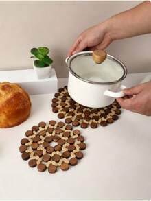 5/3/1pcs Wooden Heat Resistant Mat Set, Anti-Scald Table Placemats, Coasters, Non-Slip Easy Clean Wipeable Dining Mats, Suitable For Room Desktop, Home Decor, Party, Birthday, Wedding And Dinner, Non-Slip Pot Holder - View 2