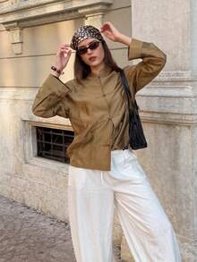Women's Chinese Style Stand Collar Vintage Frog Button Long Sleeve Loose Blouse - Brown - View 4