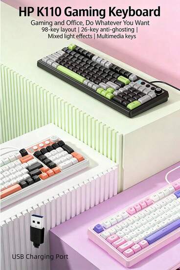 HP K110有線鍵盤 機械手感 26鍵無沖,靜音發光,高回彈鍵帽即插即用USB接口兼容多設備
