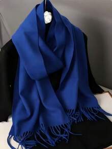 1PC Women's Minimalist Solid Color Regular Style Faux Cashmere Scarf, Pashmina Fringe Scarf, Fall Decor, Autumn Collegiate Style Shawl, Suitable For Seasonal Transitions, Daily Wear, Windproof And Warm, New Year Gift - Blue - View 1