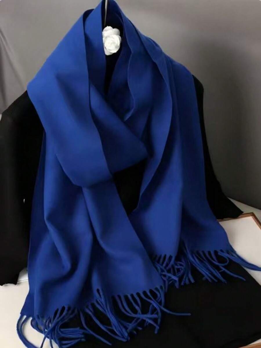 1PC Women's Minimalist Solid Color Regular Style Faux Cashmere Scarf, Pashmina Fringe Scarf, Fall Decor, Autumn Collegiate Style Shawl, Suitable For Seasonal Transitions, Daily Wear, Windproof And Warm, New Year Gift - Blue - View 1