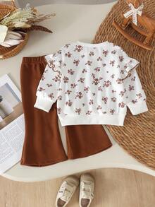 2pcs Baby Girl Cute Casual Printed Long Sleeve Sweatshirt & Flared Pants Set, Thin For Spring/Autumn - Coffee Brown - View 2