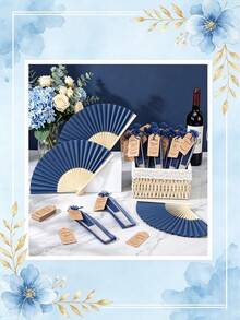 Handmade Paper Folding Fan With Gift Bag And Thank You Card, Bamboo Handheld Folding Fan, Home DIY Office Decor, Wedding Party Baby Shower Party Gift Accessory (Navy Blue) - Navy - View 5