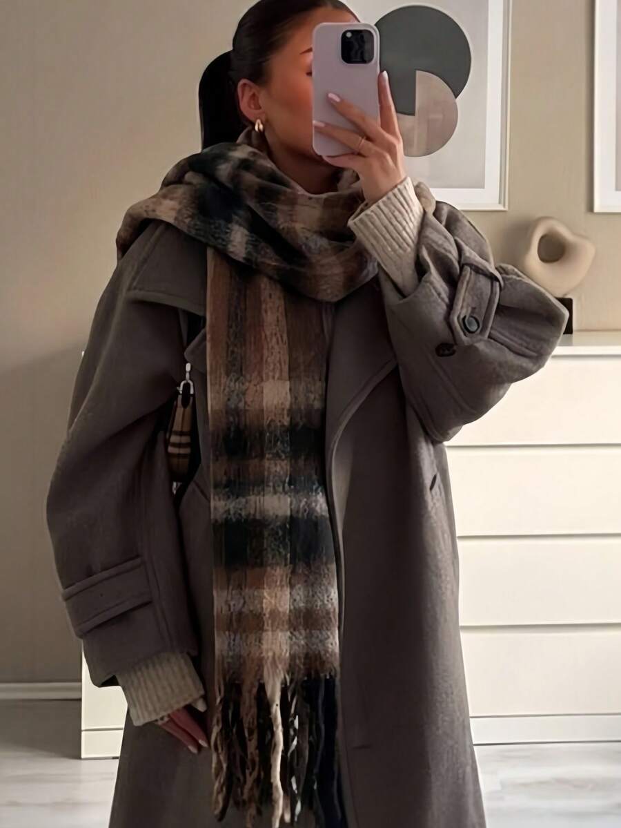 1件女款冬季新款仿綠色羊絨格紋圍巾,簡約時尚流蘇環頸圍巾保暖披肩,中性防寒,適合日常出行 - 咖色 - 查看 1