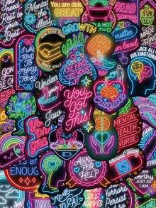 50pcs Neon Mental Health Stickers For Decorating Planner, Diary, Scrapbook, Notebook, Luggage, Envelope, Greeting Card, Tablet, Water Bottle - Neon Mental Health - View 2