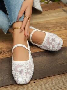 Square Toe Mesh Embroidered Floral Mary Jane Women's Flat Shoes With Elastic Strap, Low Vamp Soft Sole Casual Ballet Style - Beige - View 5