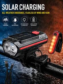 X-TIGER Super Bright Bicycle Front & Rear Light Set, Designed For Night Riding, USB Rechargeable IPX4 Waterproof Bicycle Front Headlight (With Horn) And Rear Tail Light, Bicycle Lighting Electronic Accessories Set - Multicolor - View 2