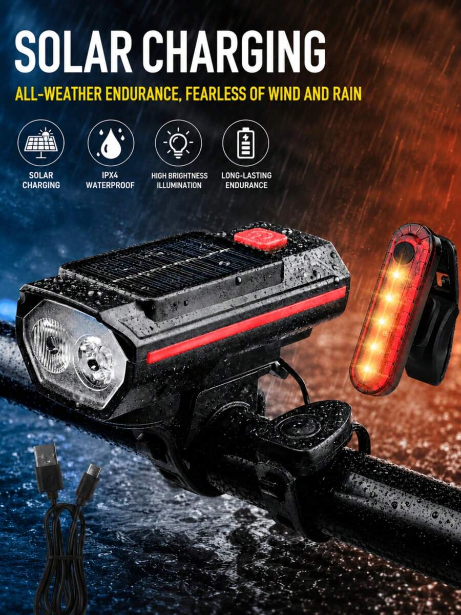 X-TIGER Super Bright Bicycle Front & Rear Light Set, Designed For Night Riding, USB Rechargeable IPX4 Waterproof Bicycle Front Headlight (With Horn) And Rear Tail Light, Bicycle Lighting Electronic Accessories Set