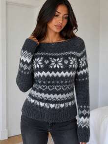 Apperloth A Vintage Ribbed Knit Sweater Tops Fair Isle Round Neck Slim Fit Long Sleeve Pullover For Women Fall/Winter Casual Daily Going Out Thanksgiving Outfits - Grey - View 4