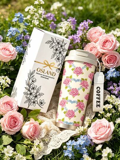 1pc/5pcs 500ml Pink‑Rose Floral Travel Mug, Double Wall Stainless Steel Insulated Cup, Elegant Pink Rose & Blue Flower Seamless All‑Over Pattern Printing Design, Portable Coffee Cup With COFFEE Printed Lanyard For Daily Commute.