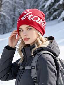 JOYLORD 1pc Women's Autumn/Winter American Style Warm Ear-Covering Beanie Hat, Acrylic Knit Slouchy Cap, Reversible, Large Head Circumference, Letter Design - A - View 2