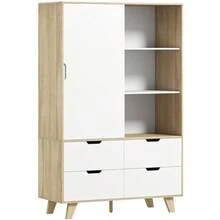 Modern Bedroom Wardrobe With Sliding Doors, Hanging Rail, Adjustable Shelves, And 4 Drawers, Oak And White - Natural+White - View 4