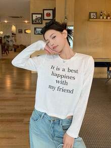 Korean Style White Lace Backless Shoulder Long Sleeve T-Shirt Women Autumn Short Design Top - White - View 3