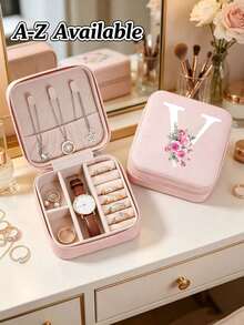 A-Z Floral Initial Travel Jewelry Organizer, Pink PU Leather Mini Zipper Jewelry Box, Compartment Portable Ring Earring Necklace Storage Box, A-Z Letter Women Girls Gift Box - Multicolor - View 19