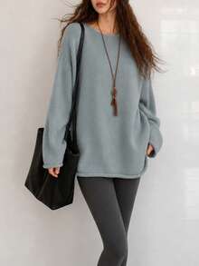 Women's Autumn/Winter Casual Elegant Minimalist Loose Mid-Length Pullover Sweater - Bean Blue - View 4