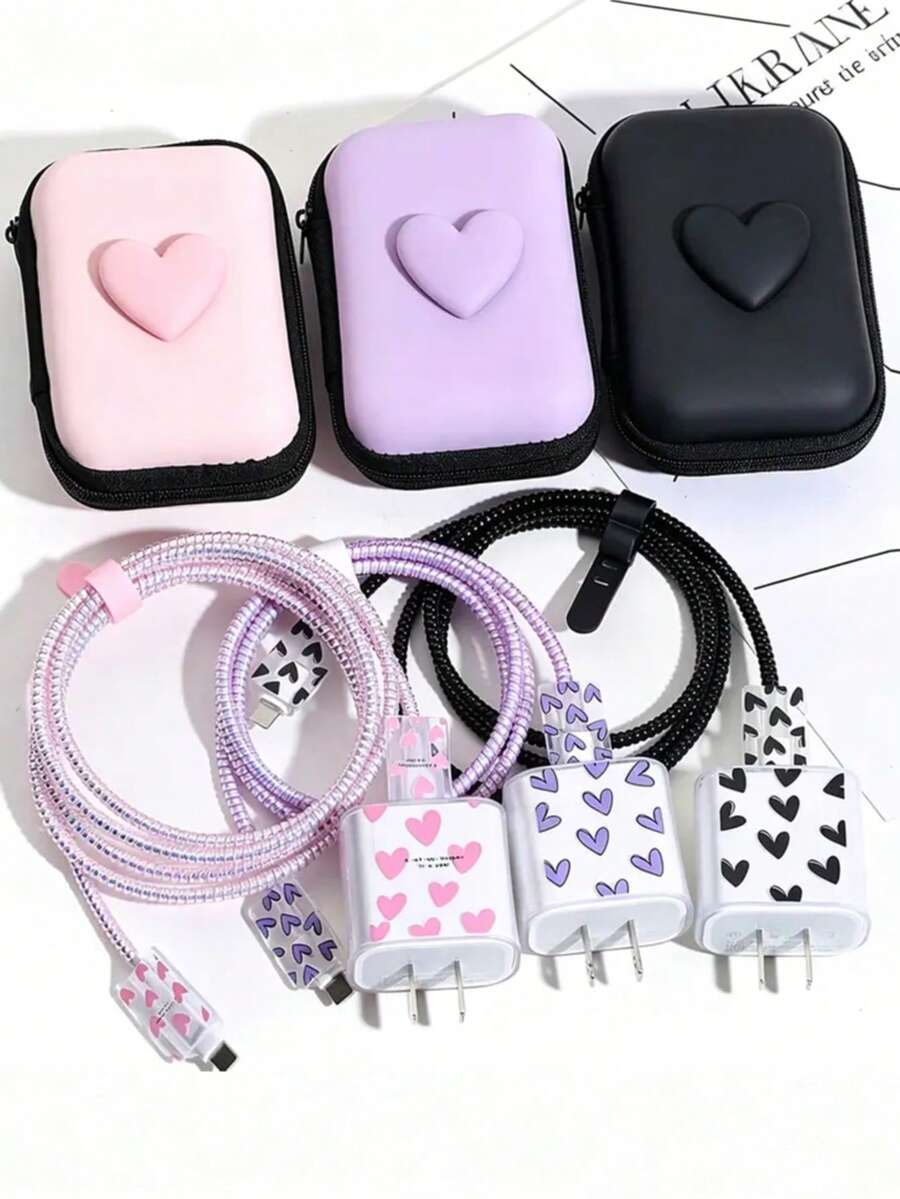 6pcs Sweet Heart Data Cable Protector Set Hard Shell Heart Storage Bag, Data Cable Charger Shell Charging Storage Large Capacity Storage Bag/ Laser Protection Rope/ Portable Storage Bag/ Anti-Breakage Protector, Compatible With Apple 18/20W Charging Protection Storage, Student Commuter Essential, Super Thoughtful Gift For Best Friend - Multicolor - View 1