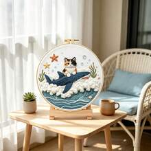 2 Cute Cat DIY Embroidery Material Kits With Full Set Of Tools And Embroidery Hoop, Ocean Shark Cat / Lotus Dragonfly Cat 3D Embroidery Kit, Beginner Stress Relief Handmade Desktop Decor Creative Gift - Multicolor - View 8