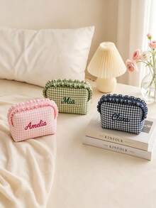 Customized Name Makeup Bag, Customized Toiletry Bag, Plaid Ruffle Edge Makeup Storage Bag, Bridesmaid Gift, Women's Birthday Gift - Multicolor - View 5