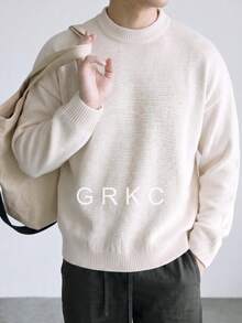 GRKC Sweater Pullover Rajut Polos Kerah Bulat Lengan Panjang Bahu Sedikit Turun Gaya Minimalis untuk Komuter Musim Semi Musim Gugur dan Musim Dingin Pria Wanita Base Layer Longgar Kasual Mudah Dipadupadankan - Aprikot - View 4
