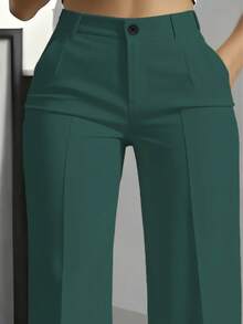 Women's Minimalist Casual Solid Color Pleated Slant Pocket Straight Leg Pants Spring - Dark Green - View 2