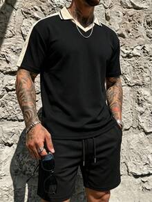 Men's Casual Fashion Loose Fit 2 Pieces Set, Short Sleeve Polo Collar Top And Drawstring Shorts, Vacation Leisure Style, Versatile Minimalist Unique Design - Black - View 5
