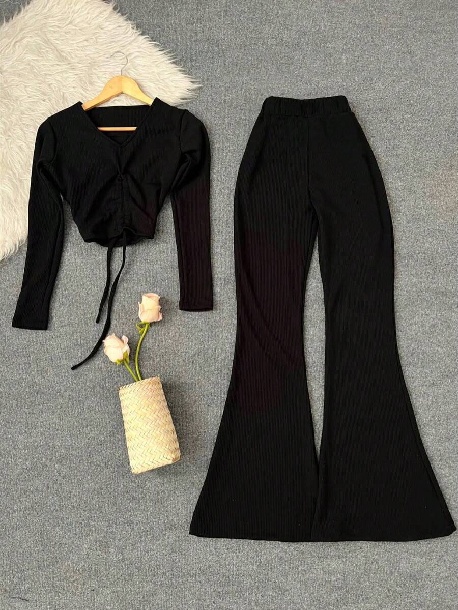 Women's Ribbed High-Quality V-Neck Drawstring Short Long Sleeve Top And High-Waisted Flared Pants 2 Pieces Set, Elegant Casual Thick - Black - View 1