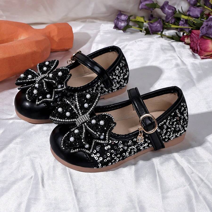 1 Pair 2026 New Girls' Mary Jane Princess Shoes, Bow Sequin Pearl Rhinestone Decor Glitter PU Material Round Toe Single Strap Flat Heel Sweet Princess Style Leather Shoes For Party Birthday Performance - Black - View 1