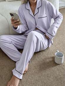 2件組女款缺口領長袖睡衣上衣 + 睡褲，舒適休閒居家睡衣可愛居家服套裝 - 淡紫色 - 查看 6