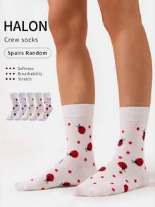 5 Pairs Random White Cartoon Ladybug Mid-Calf Socks For Women, Playful Fresh Girly Style Breathable Casual Socks For Spring And Autumn - White - View 8