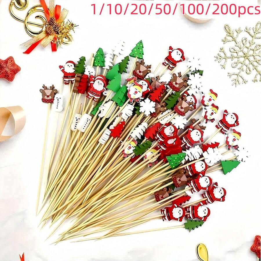1/10/20/50/100/200pcs Assorted Christmas Element Pattern Fruit Picks, Including Snowflake, Reindeer, Christmas Tree, Santa Claus, Snowman, Cocktail Picks, Fruit Forks, Disposable Fruit Picks, Christmas Tree Decoration, Appetizer Toothpicks, Suitable For Cocktail Party, Birthday Party, Wedding, Christmas Decoration, Christmas (Assorted Patterns Randomly Matched And Shipped) - Multicolor - View 1