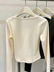 Women's Square Neck Apricot Long Sleeve T-Shirt, Ribbed Dralon Base Layer Top, Autumn/Winter Thermal Lined Thickened Innerwear, Fishbone Stitch - Apricot - View 7