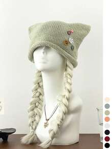 Wool-Blend 2-In-1 Soft Cute Cat-Ear Button Slouchy Beanie Hat For Women Fall Winter Warm Cold Hat - Rolled Edge Button Pin Stackable - View 11