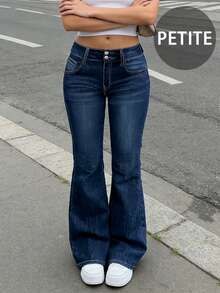 Women's Casual Fashion Washed Stretch Denim Low-Waist 2-Button Petite Floor-Length Flare Jeans Fall - Dark Wash - View 5
