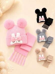 2pcs Baby Autumn/Winter Gift Set, Cute Squinting Rabbit Double Pom Pom Knitted Beanie & Matching Color Scarf Set, Suitable For Baby Girls Daily Wear And Warmth In Autumn/Winter - Multicolor - View 2