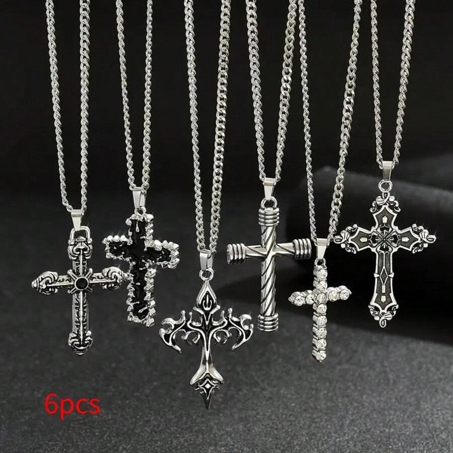 Set Kalung Liontin Salib Vintage Pria 6 Buah, Perhiasan Leher Multifungsi dari Baja Tahan Karat, Cocok untuk Pemakaian Sehari-hari dan Pesta, Aksesori Unik, Hadiah Ulang Tahun - 6 buah/set - View 1