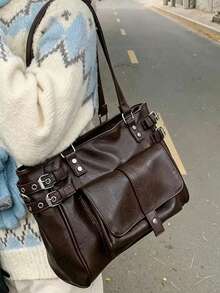 Women Tote Shoulder Bag Solid PU Leather With Metal Buckle Front Pocket Large Capacity Vintage Style For Women Daily Commute - Multicolor - View 7