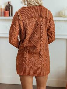 Acelitt Autumn/Winter Casual Loose Half-Zip Collar Cable Knit Argyle Jacquard Long Sleeve Sweater Dress, Suitable For Daily And Holiday Wear - Brown - View 3