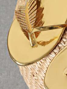 Women's Flat Flip Flops With Rhinestone And Feather Decor, Thong Sandals For Beach, Vacation And Casual Wear - Gold - View 8